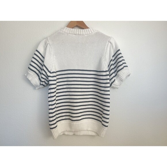 ENGLISH FACTORY Striped Short Puff Sleeve Sweater Buttons Navy Coastal S Preppy - Picture 10 of 14